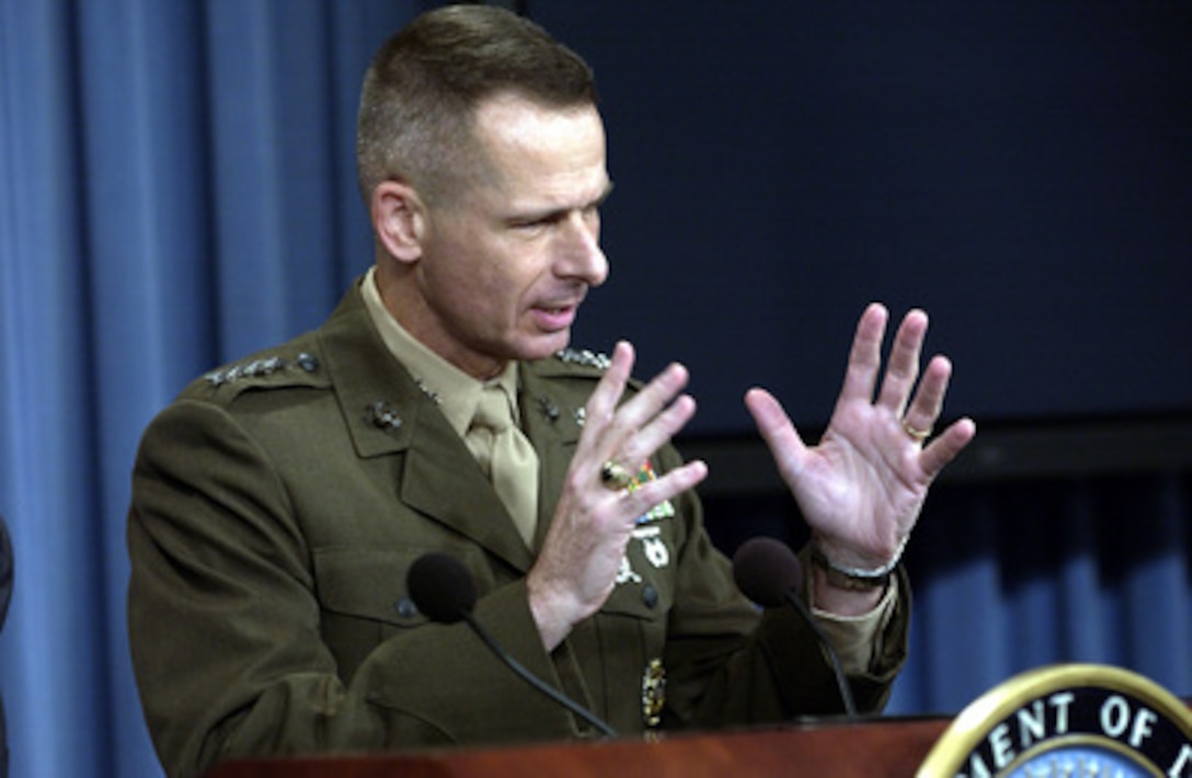 Vice Chairman of the Joint Chiefs of Staff Gen. Peter Pace, U.S. Marine Corps, responds to a reporter's question during a Pentagon press briefing on Sept. 16, 2003. Secretary of Defense Donald H. Rumsfeld and Gen. Pace gave reporters an operational update on Operation Iraqi Freedom. 