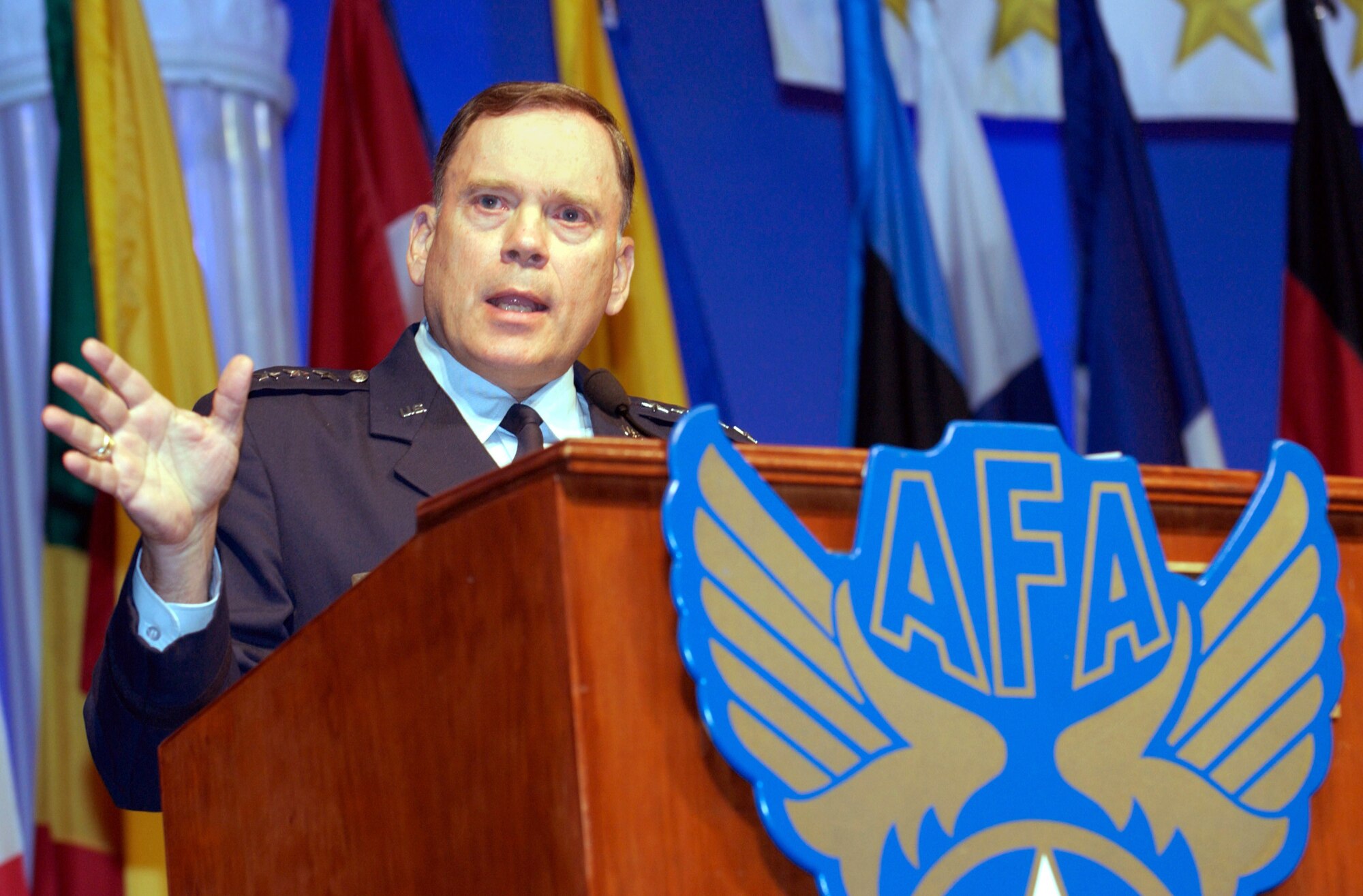 WASHINGTON -- Air Force Chief of Staff Gen. John P. Jumper addresses an Air Power Symposium at the Air Force Association's annual convention here Sept. 16.  He spoke of the importance of continuing to build an expeditionary Air Force, the importance of unmanned aerial vehicles, and the making of today's heroes.  More than 90 international air chiefs in the audience were attending the Global Air Chief's Conference running concurrently with the convention.  (U.S. Air Force photo by Master Sgt. Jim Varhegyi)