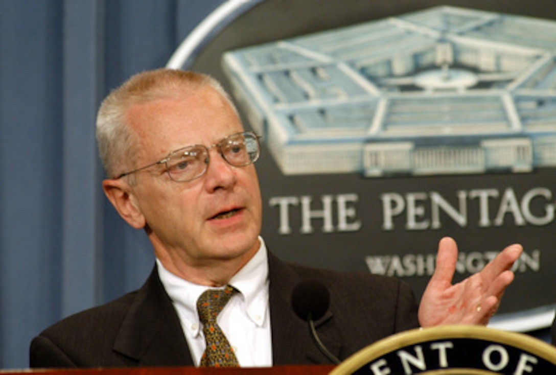 Walter Slocombe, the senior advisor for security sector and defense affairs to the Coalition Provisional Authority in Iraq, briefs reporters at the Pentagon on Sept. 17, 2003, on the progress of rebuilding the Iraqi police and military forces. 