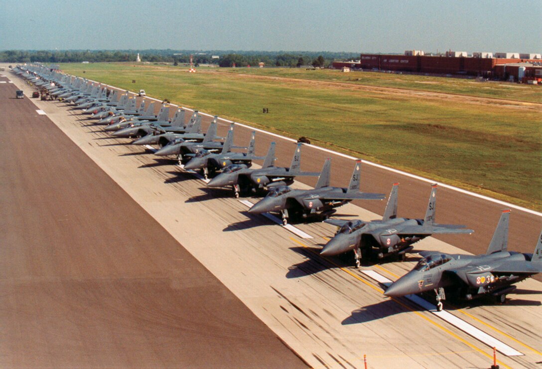 TINKER AIR FORCE BASE, Okla. -- Seventy-five F-15E Strike Eagles from Seymour Johnson Air Force Base, N.C., are waiting out Hurricane Isabel on a runway here. (U.S. Air Force photo by Eddie Edge)