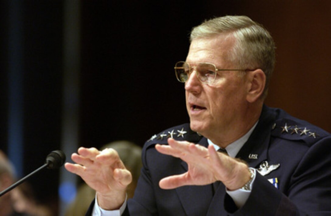 Chairman of the Joint Chiefs of Staff Gen. Richard B. Myers, U.S. Air Force, testifies before the U.S. Senate Appropriations Committee on Capitol Hill in Washington on Sept. 24, 2003. Myers joined Secretary of Defense Donald H. Rumsfeld and Commander, U.S. Central Command Gen. John Abizaid, U.S. Army, in answering senators' questions on how an $87 billion dollar supplemental bill will be spent on the restoration of Iraq. 