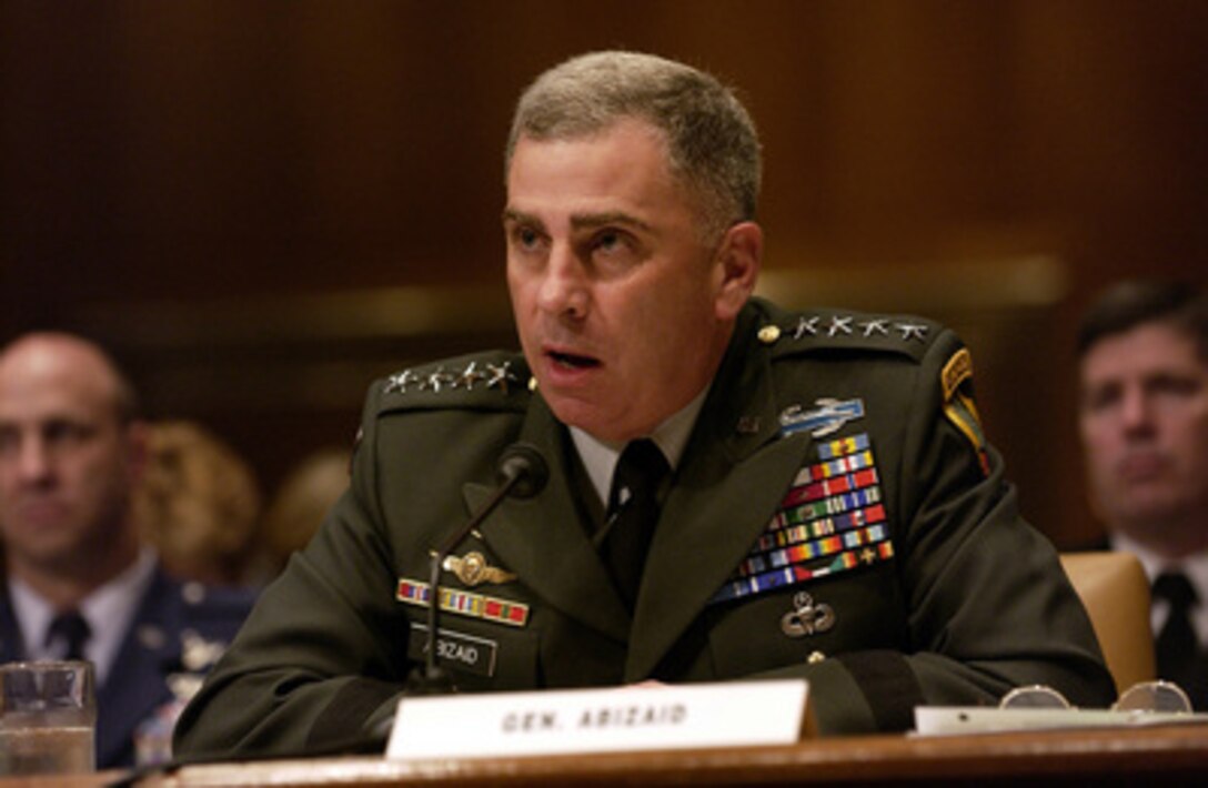 Commander, U.S. Central Command Gen. John Abizaid, U.S. Army, testifies before the U.S. Senate Appropriations Committee on Capitol Hill in Washington on Sept. 24, 2003. Abizaid joined Secretary of Defense Donald H. Rumsfeld and Chairman of the Joint Chiefs of Staff Gen. Richard B. Myers, U.S. Air Force, in answering senators' questions on how an $87 billion dollar supplemental bill will be spent on the restoration of Iraq. 