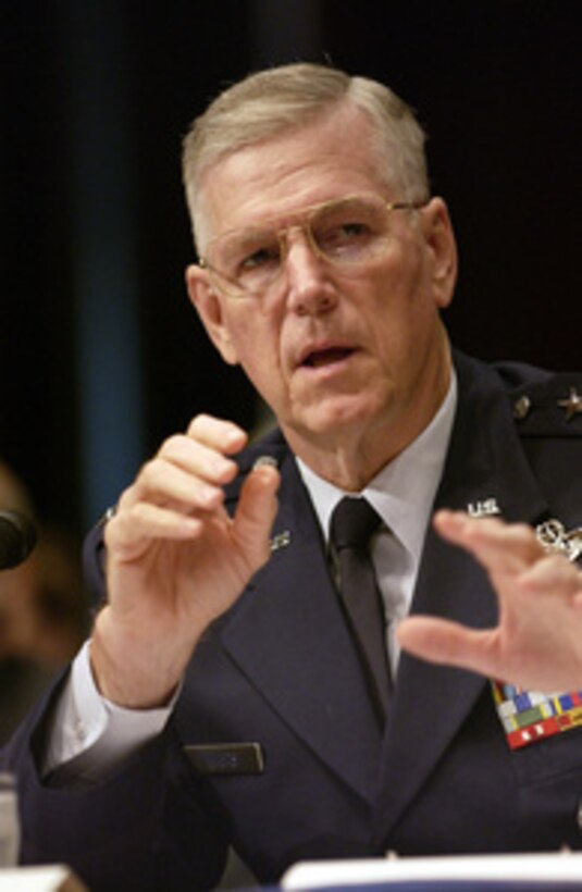 Chairman of the Joint Chiefs of Staff Gen. Richard B. Myers, U.S. Air Force, testifies before the U.S. Senate Appropriations Committee on Capitol Hill in Washington on Sept. 24, 2003. Myers joined Secretary of Defense Donald H. Rumsfeld and Commander, U.S. Central Command Gen. John Abizaid, U.S. Army, in answering senators' questions on how an $87 billion dollar supplemental bill will be spent on the restoration of Iraq. 