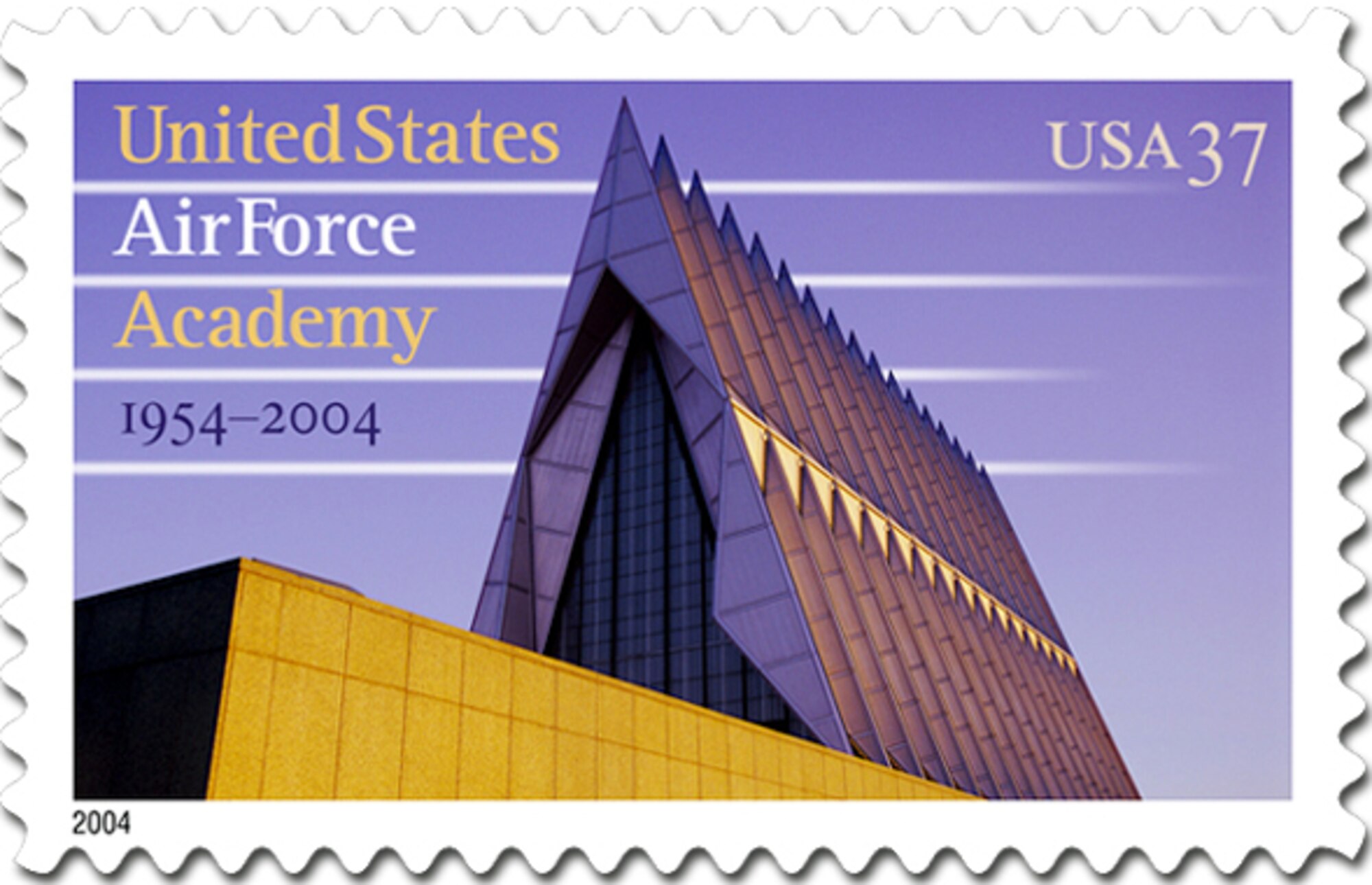 U.S. AIR FORCE ACADEMY, Colo. -- The commemorative 37-cent stamp honors the U.S. Air Force Academy's 50 years of service to the nation.  It was unveiled at a ceremony here April 1 by U.S. Postal Service officials.  (Courtesy graphic)