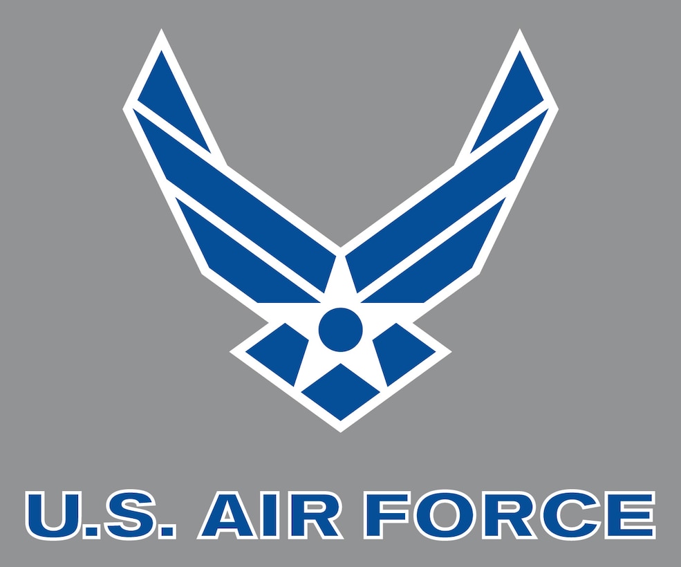 Air Force symbol with logotype, blue with white outline on gray background