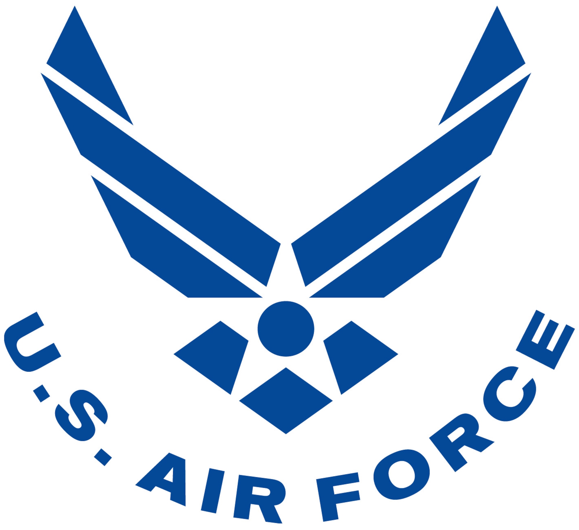 Air Force symbol, curved text, blue. The Air Force Symbol is a registered trademark (No. 2,767,190) of the USAF. Permission to use it for commercial use and advertising (free or paid) is required. The use of this trademark for commercial purposes, including reproduction on merchandise, is expressly prohibited unless the producer has a fully executed license agreement with the Air Force. Use is governed by the terms of the agreement. <a href=http://www.trademark.af.mil/shared/media/document/AFD-100728-052.pdf>Click here</a> to download the licensing application.  For more information contact the Air Force Trademark Licensing office at 210.395.1787 or email <a href=mailto:afpaa.hq.tl@us.af.mil>afpaa.hq.tl@us.af.mil</a>. For restrictions on use of Air Force Symbol <a href=http://www.trademark.af.mil/symbol/displaying/index.asp>visit here</a>.