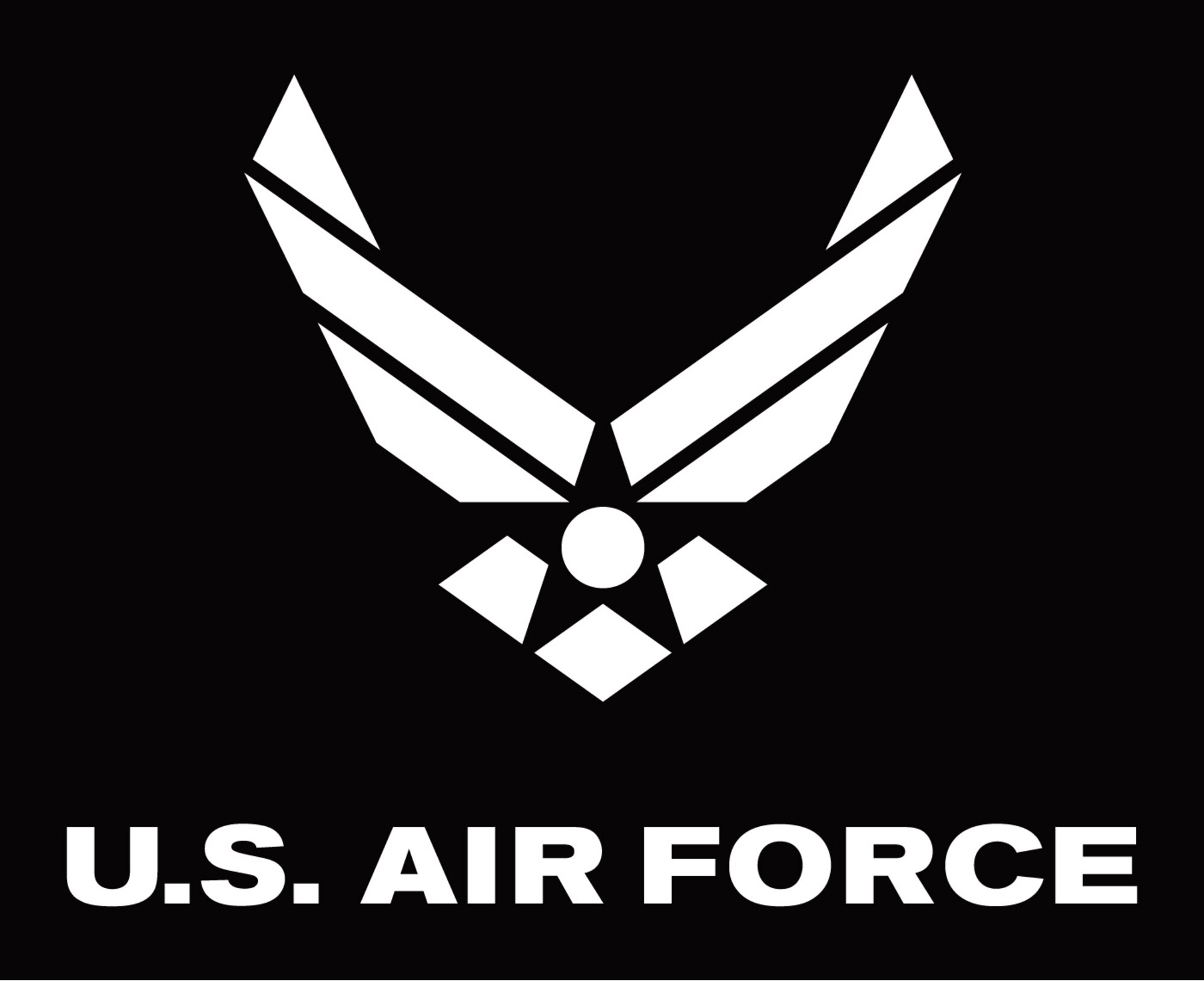 Air Force symbol with logotype, white on black background. The Air Force Symbol is a registered trademark (No. 2,767,190) of the USAF. Permission to use it for commercial use and advertising (free or paid) is required. The use of this trademark for commercial purposes, including reproduction on merchandise, is expressly prohibited unless the producer has a fully executed license agreement with the Air Force. Use is governed by the terms of the agreement. <a href=http://www.trademark.af.mil/shared/media/document/AFD-100728-052.pdf>Click here</a> to download the licensing application.  For more information contact the Air Force Trademark Licensing office at 210.395.1787 or email <a href=mailto:afpaa.hq.tl@us.af.mil>afpaa.hq.tl@us.af.mil</a>. For restrictions on use of Air Force Symbol <a href=http://www.trademark.af.mil/symbol/displaying/index.asp>visit here</a>.