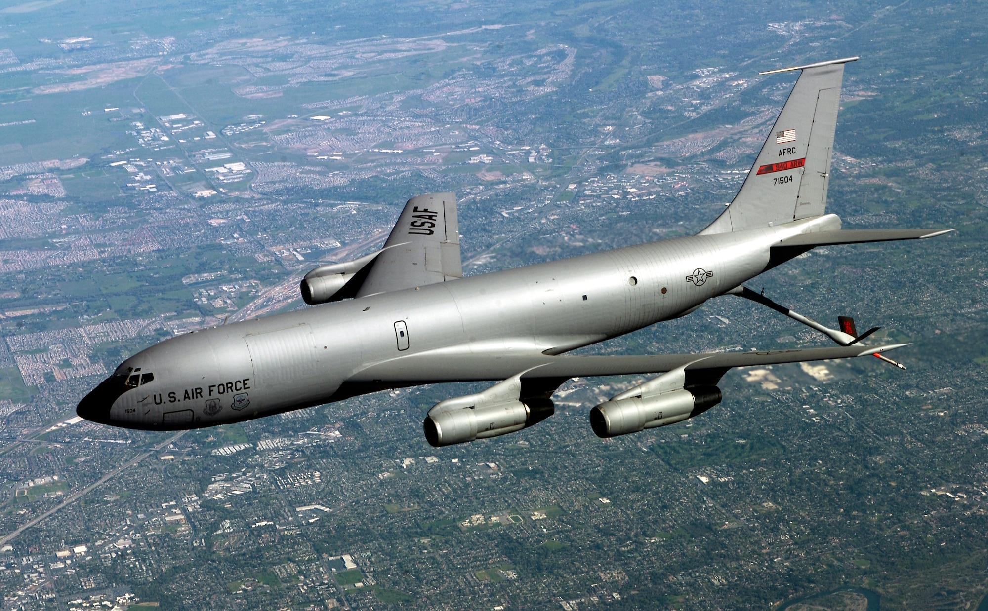 OVER THE SAN FRANCISCO BAY AREA -- A KC-135E Stratotanker, flown by Maj. Paul Sheehan, aircraft commander, Capt. John Wahleithner, co-pilot, and Maj. Rob Mazzie, navigator during a Operation Noble Eagle training patrol March 16. The three airmen are from the 940th Aerial Refueling Wing at Beale Air Force Base, Calif. (U.S. Air Force photo by Master Sgt. Lance Cheung)