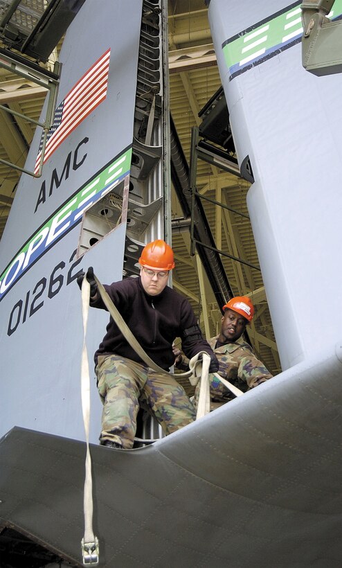 POPE AFB, N.C. -- Airman 1st Class Jacob Kinkade (left) and Tech. Sgt. Darin Ward disconnect a C-130 Hercules rudder from a vertical stabilizer just before lowering it to maintainers.  The 23-foot rudder, weighing about 250 pounds, was removed to allow other maintenance.  The rudder is the aircraft's largest primary flight control responsible for the aircraft's direction in flight.  The Airmen are both assigned to the 43rd Maintenance Squadron's aerospace repair section here.  (U.S. Air Force photo by Master Sgt. Robert Weymouth)