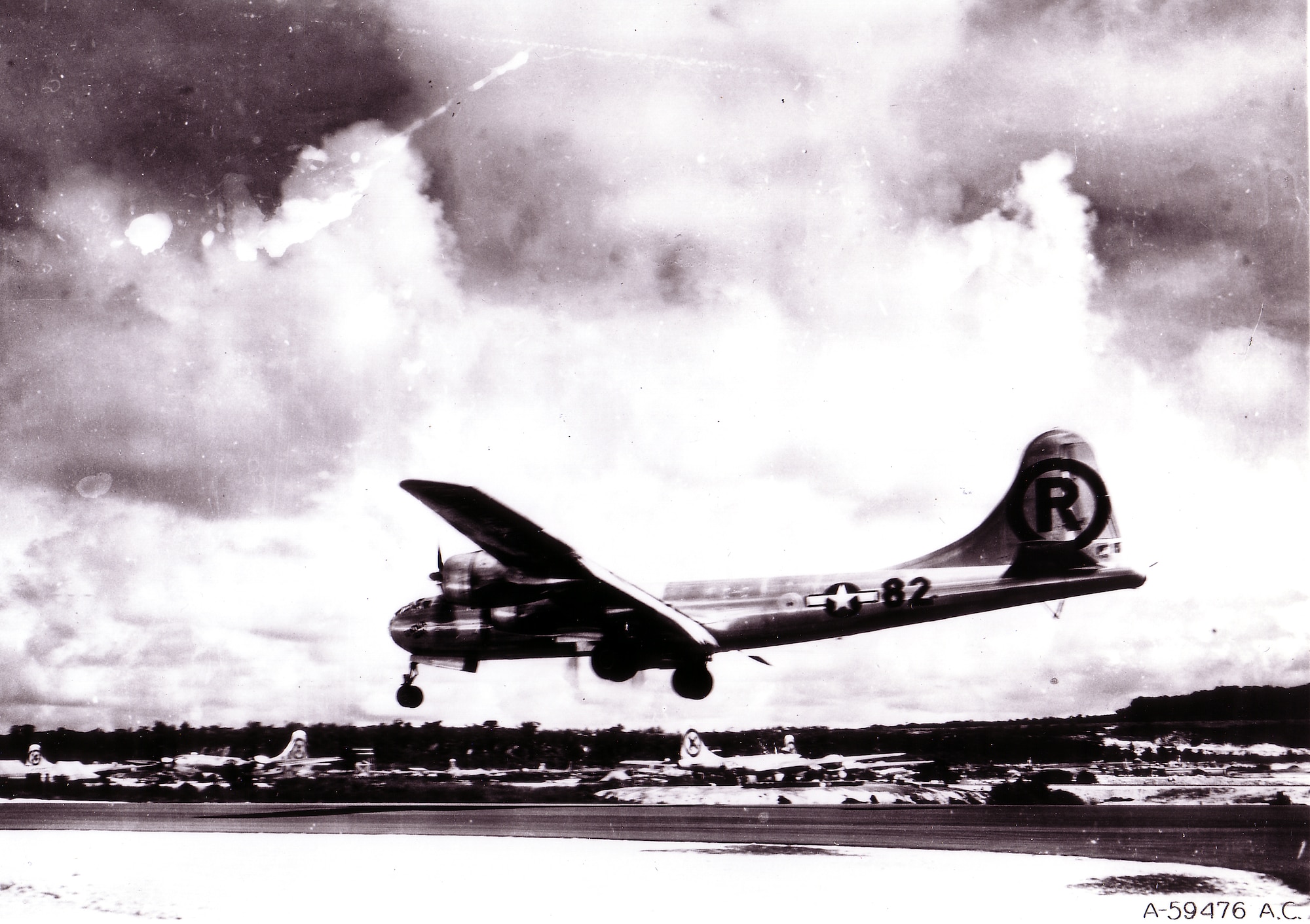 1940's -- MARIANAS ISLAND -- Boeing B-29 Superfortress "Enola Gay" landing after the atomic bombing mission on Hiroshima, Japan. (U.S. Air Force photo)