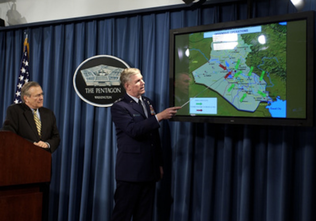 Chairman of the Joint Chiefs of Staff Gen. Richard B. Myers uses a chart to brief reporters on coalition engagements in Iraq during a press briefing in the Pentagon on April 7, 2004. Myers and Secretary of Defense Donald H. Rumsfeld discussed troop redeployments and the uprising of anti-coalition forces in Fallujah and Ar Ramadi, Iraq. 