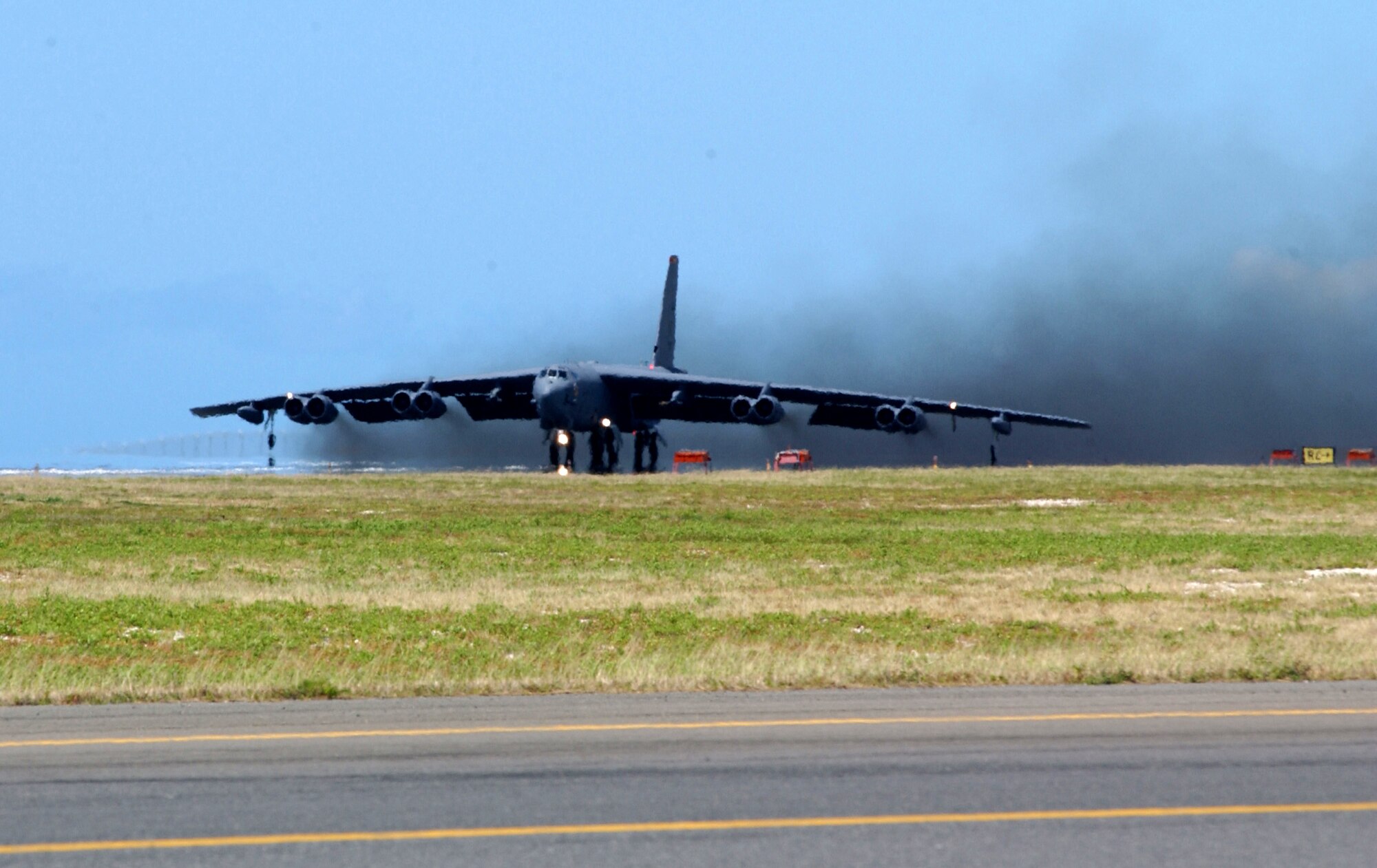 HICKAM AIR FORCE BASE, Hawaii -- A B-52 Stratofortress taxis on the runway April 6.  Four B-52s arrived here from Andersen Air Force Base, Guam, to escape Typhoon Sudal which missed the island April 7.  The B-52s are deployed to Andersen from Minot AFB, N.D.  (U.S. Air Force photo by Mike Dey)