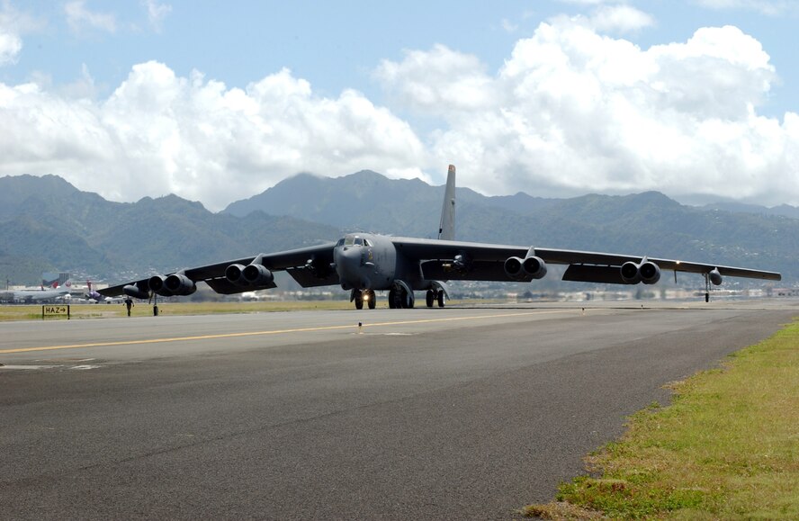 HICKAM AIR FORCE BASE, Hawaii -- A B-52 Stratofortress taxis on the runway April 6.  Four B-52s arrived here from Andersen Air Force Base, Guam, to escape Typhoon Sudal which missed the island April 7.  The B-52s are deployed to Andersen from Minot AFB, N.D.  (U.S. Air Force photo by Mike Dey)