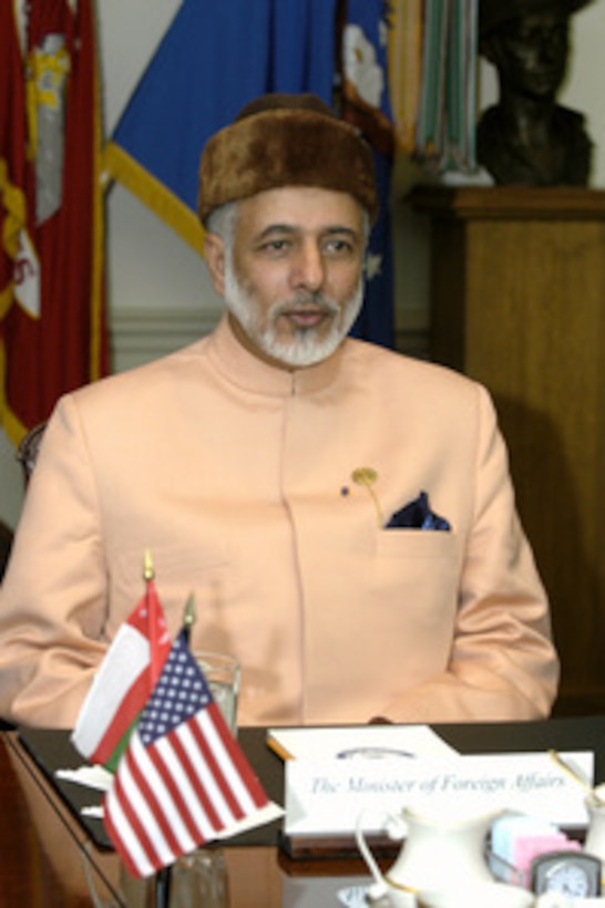 Oman's Minister Responsible for Foreign Affairs Yusuf bin Alawi bin Abdallah meets with Secretary of Defense Donald H. Rumsfeld in the Pentagon on April 9, 2004. The leaders are meeting to discuss defense issues of mutual interest. 