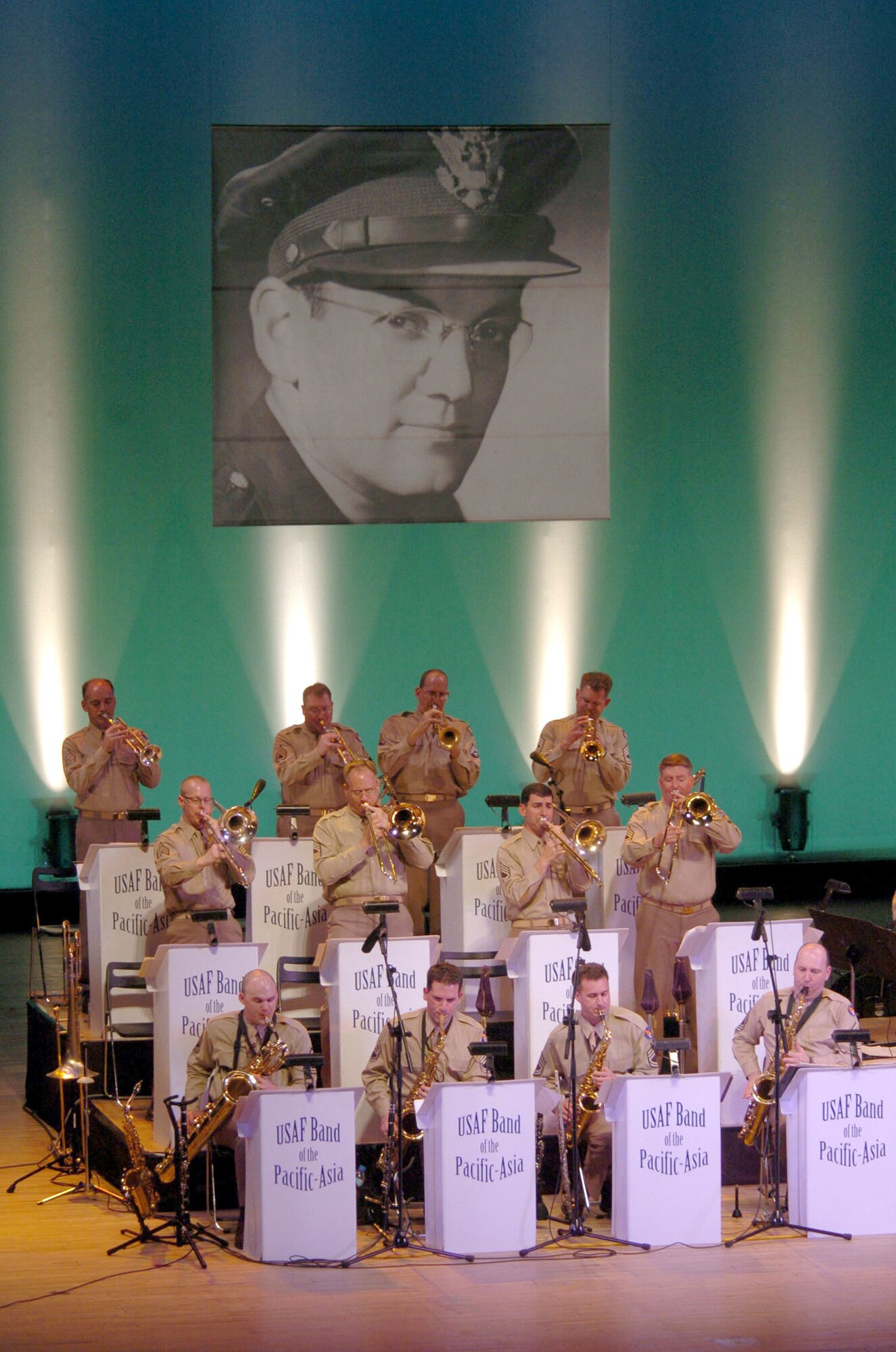 HIROSHIMA, Japan -- The U.S. Air Force Band of the Pacific-Asia entertains a crowd during a concert here.  The group wore traditional U.S. Army Air Corps uniforms as part of its trademark Glenn Miller show.  The band is based at Yokota Air Base, Japan.  (U.S. Air Force photo by Master Sgt. Val Gempis)