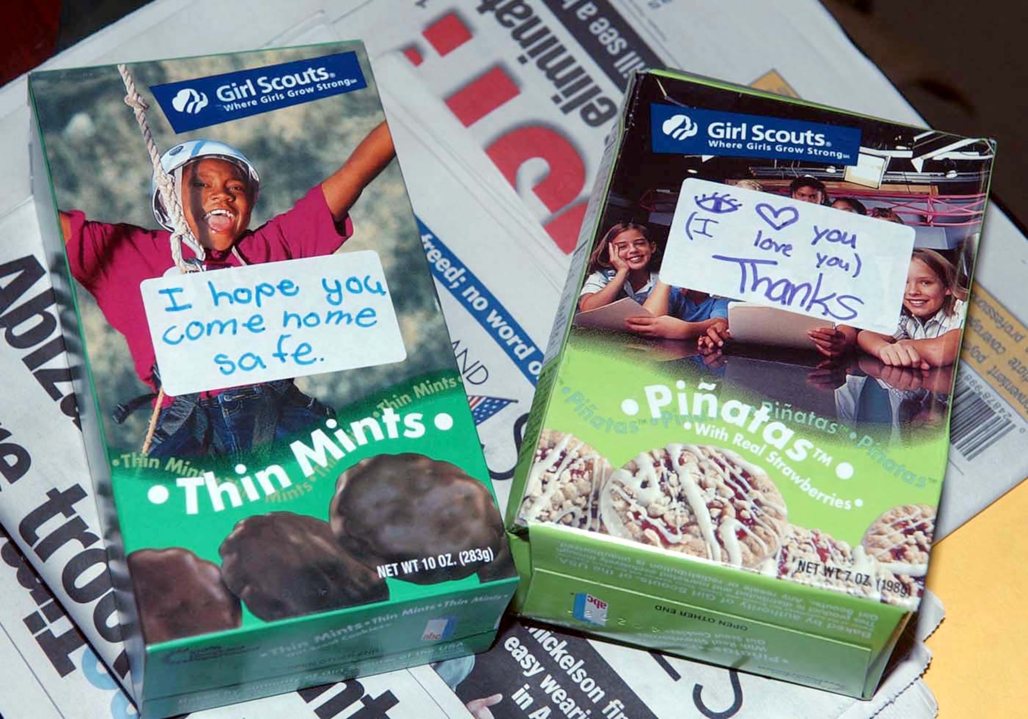 BAGRAM AIR BASE, Afghanistan -- Brownie Troop 2859 from Marlboro, Mass., sent about 150 boxes of Girl Scout cookies to the 455th Expeditionary Operations Group here.  Each box had a hand-written note to the Airmen attached. (U.S. Air Force photo by Master Sgt. Jeff Szczechowski)
