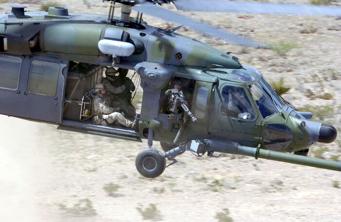 FORT BLISS, Texas -- An HH-60G Pave Hawk makes an approach during a live-fire training exercise here April 9. The exercise was part of the 57th Wing Weapons School intensive five and one-half month training program.  The HH-60 is assigned to the 66th Rescue Squadron at Nellis Air Force Base, Nev.  (U.S. Air Force photo by Tech. Sgt. Kevin J. Gruenwald) 