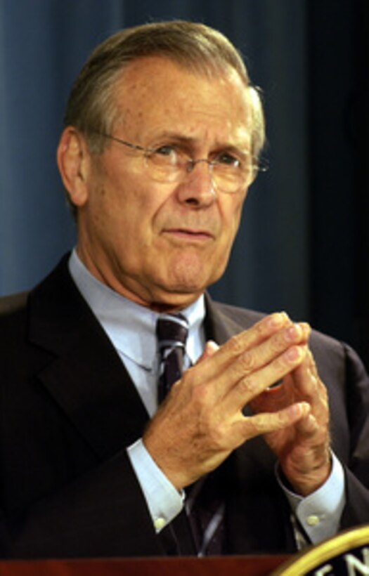 Secretary of Defense Donald H. Rumsfeld briefs the press in the Pentagon on the situation in the Iraqi city of Al Fallujah on April 27, 2004. Rumsfeld was joined by Chairman of the Joint Chiefs of Staff Gen. Richard B. Myers, U.S. Air Force. 