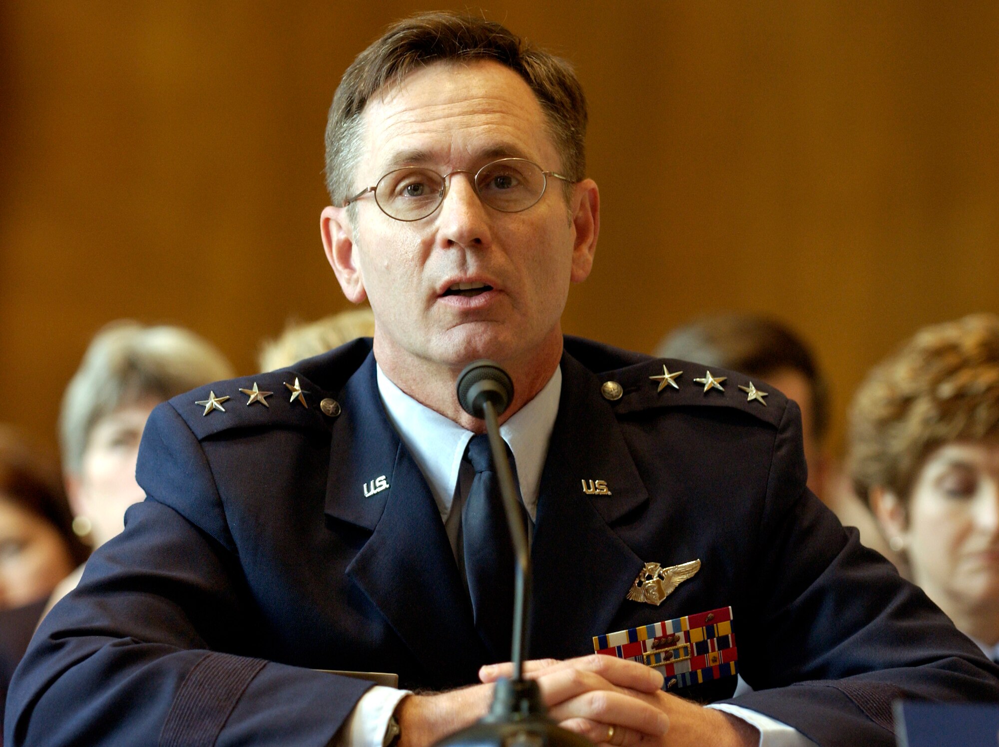 WASHINGTON -- Air Force Surgeon General Lt. Gen. (Dr.) George Peach Taylor Jr. answers questions on Capitol Hill about disease prevention efforts at overseas locations.  Dr. Taylor spoke April 28 during a hearing of the Senate Appropriations Committee defense subsommittee.  (U.S. Air Force photo by Master Sgt. Jim Varhegyi)