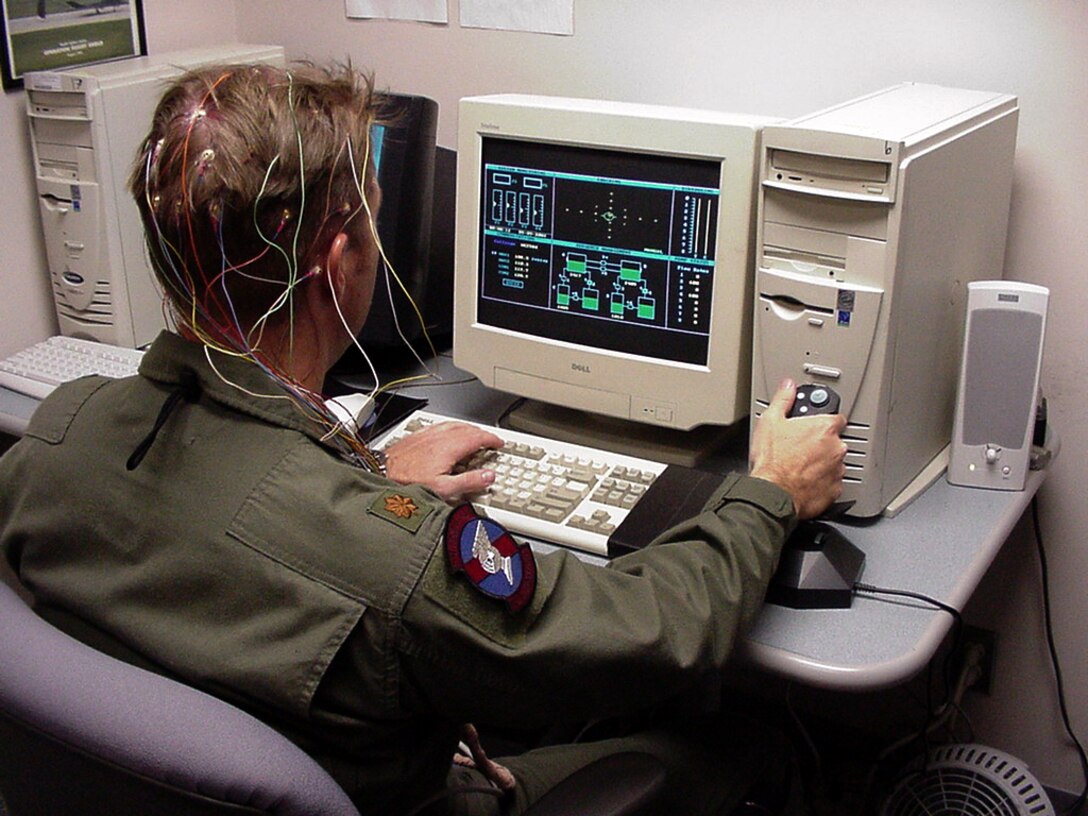 HOLLOMAN AIR FORCE BASE, N.M. -- An F-117A Nighthawk pilot takes a computerized aviation simulation test during a research study into aviator fatigue.  (Courtesy photo)