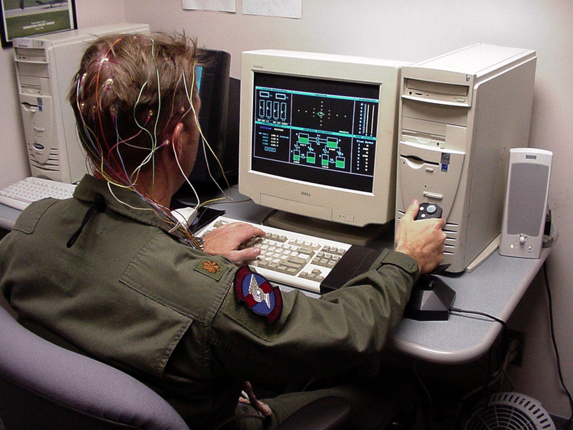HOLLOMAN AIR FORCE BASE, N.M. -- An F-117A Nighthawk pilot takes a computerized aviation simulation test during a research study into aviator fatigue.  (Courtesy photo)