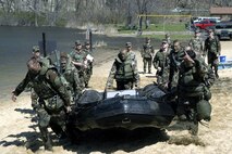 WEST POINT, N.Y. -- U.S. Air Force Academy cadets take part in the zodiac boat movement event during the Sandhurst competition here April 24.  The cadets placed fourth out of 45 teams entered in the event.  (U.S. Air Force photo by 1st Lt. Melissa Waheibi)       