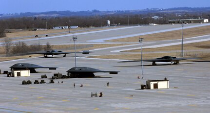 Two B-2 Spirits taxi down the runway March 4 at Whiteman Air Force Base, Mo., marking the end of the first nuclear operational readiness exercise for 2008.  The exercise prepared the base for a combined nuclear surety inspection and nuclear operational readiness inspection later this year.