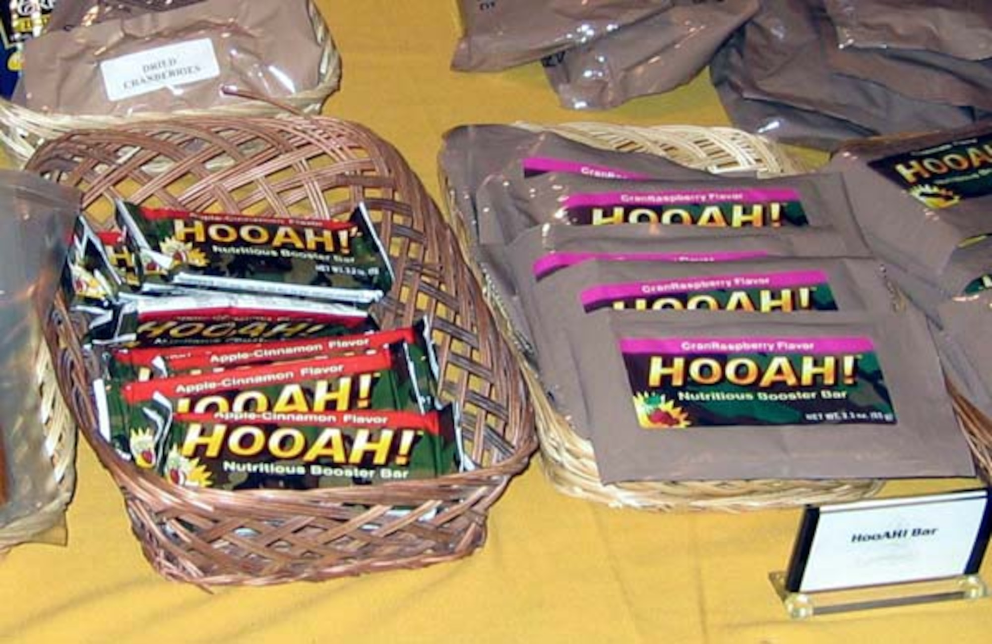 FILE PHOTO -- The "Hooah" nutritious booster bar is a new food item for U.S. warriors on the battlefield to help sustain a high energy level.  This carbohydrate-packed energy bar is included as part of the prototype "First Strike" rations that provide highly mobile ground troops with total eat-on-the-move capability.  (Department of Defense photo by Phil Copeland