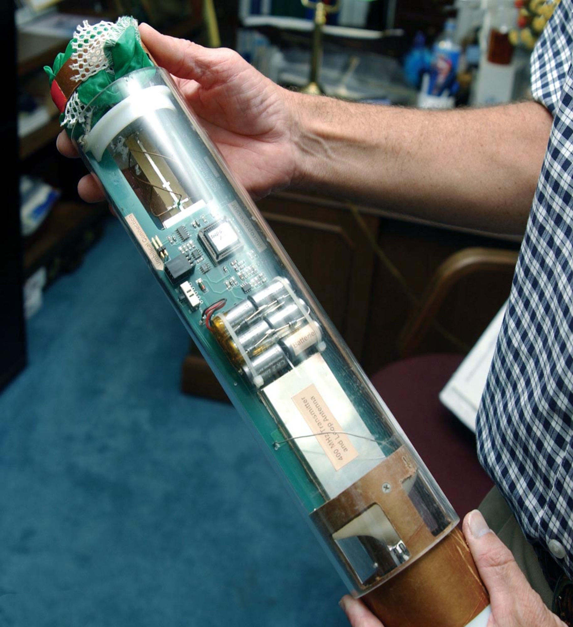 MACDILL AIR FORCE BASE, Fla. -- This dropsonde is one of the key tools National Oceanic Atmospheric Administration officials use to measure temperature, humidity, and most importantly, barometric pressure inside a hurricane.  The crew of the WP-3D Orion, can drop as many as 60 dropsondes during a flight from here.  (U.S. Air Force photo by Staff Sgt. Randy Redman)