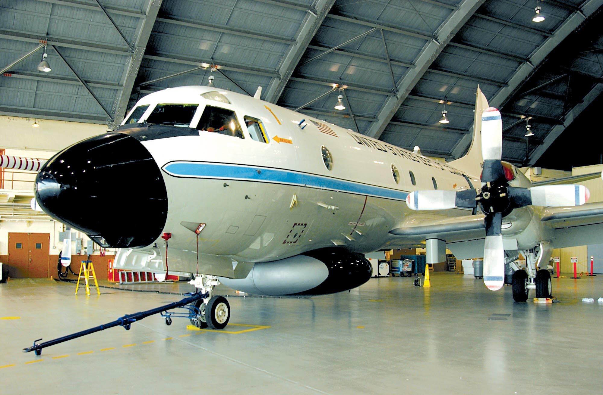 MACDILL AIR FORCE BASE, Fla. -- The National Oceanic Atmospheric Administration's WP-3D aircraft, known affectionately as "Miss Piggy," is one of only two aircraft in the world built specifically to fly directly into the eye of a hurricane.  NOAA officials have been keeping a very close watch on the developments of Tropical Storm Bonnie and Hurricane Charley.  (U.S. Air Force photo by Staff Sgt. Randy Redman)