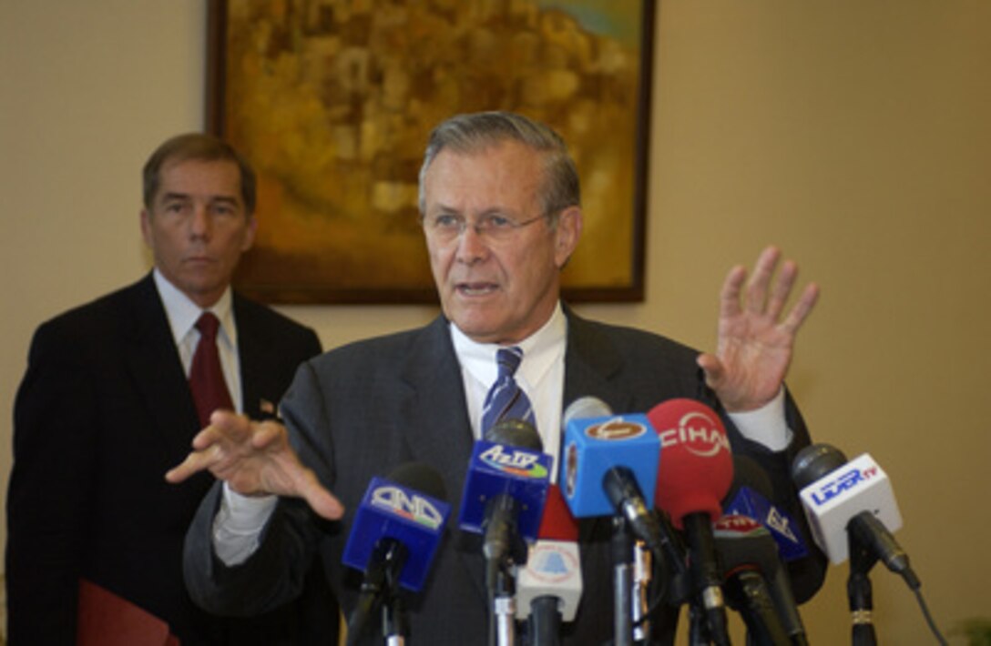 Secretary of Defense Donald H. Rumsfeld speaks during a press conference on August 12, 2004. Rumsfeld is in Baku, Azerbaijan, to meet with Aliyev and Defense Minister Safer Abiyer to discuss mutual security interests and to thank Azerbaijan for its support in the Global War on Terrorism. 