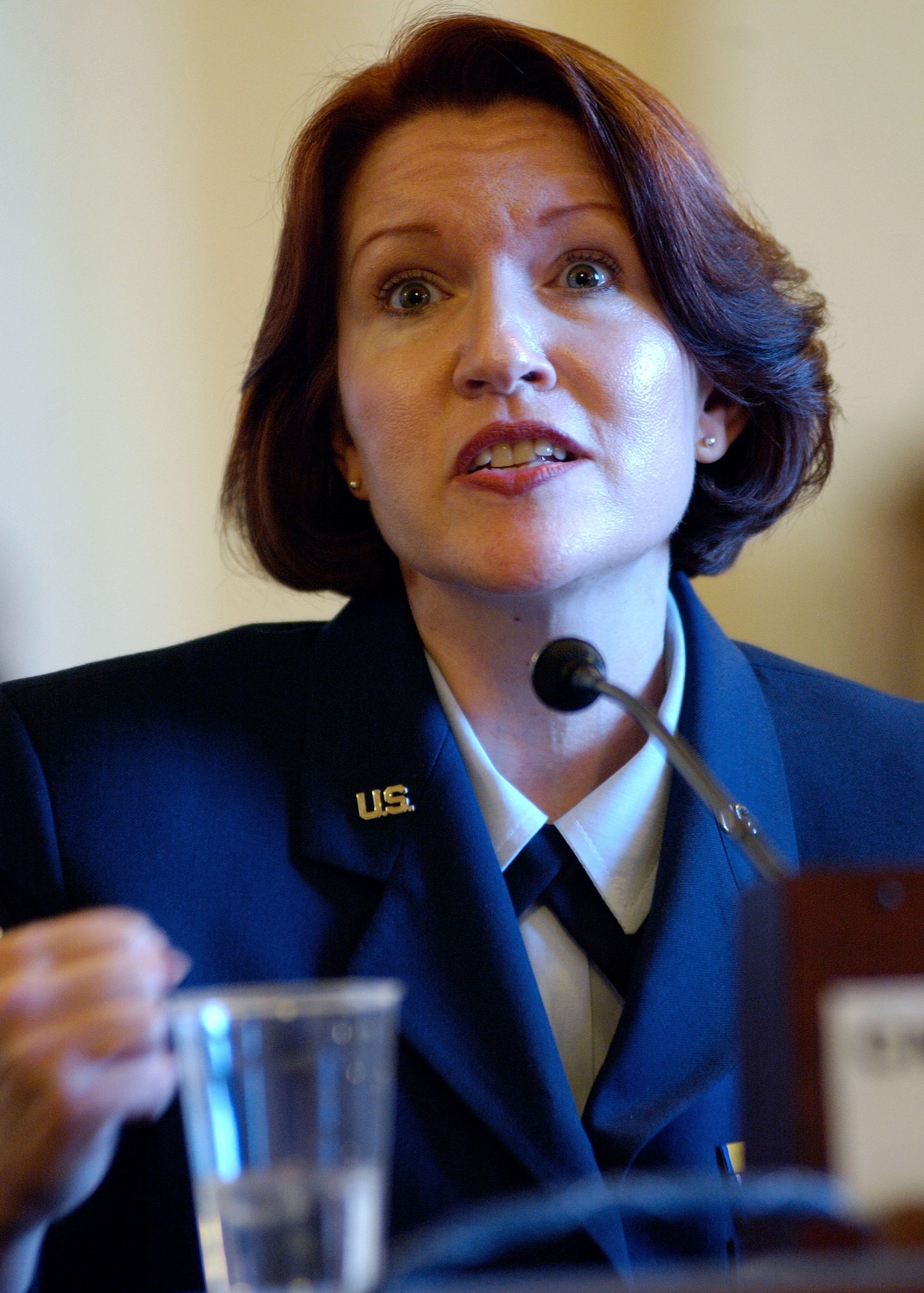 WASHINGTON D.C. -- Chief Master Sgt. Elizabeth S. Schouten of the U.S. Air Force Band talks about her experience with the Transition Assistance Program at a hearing on the state of veterans' employment during a session of the House Committee on Veterans' Affairs on Feb. 5.  (U.S. Air Force photo by Tech. Sgt. Jim Varhegyi)