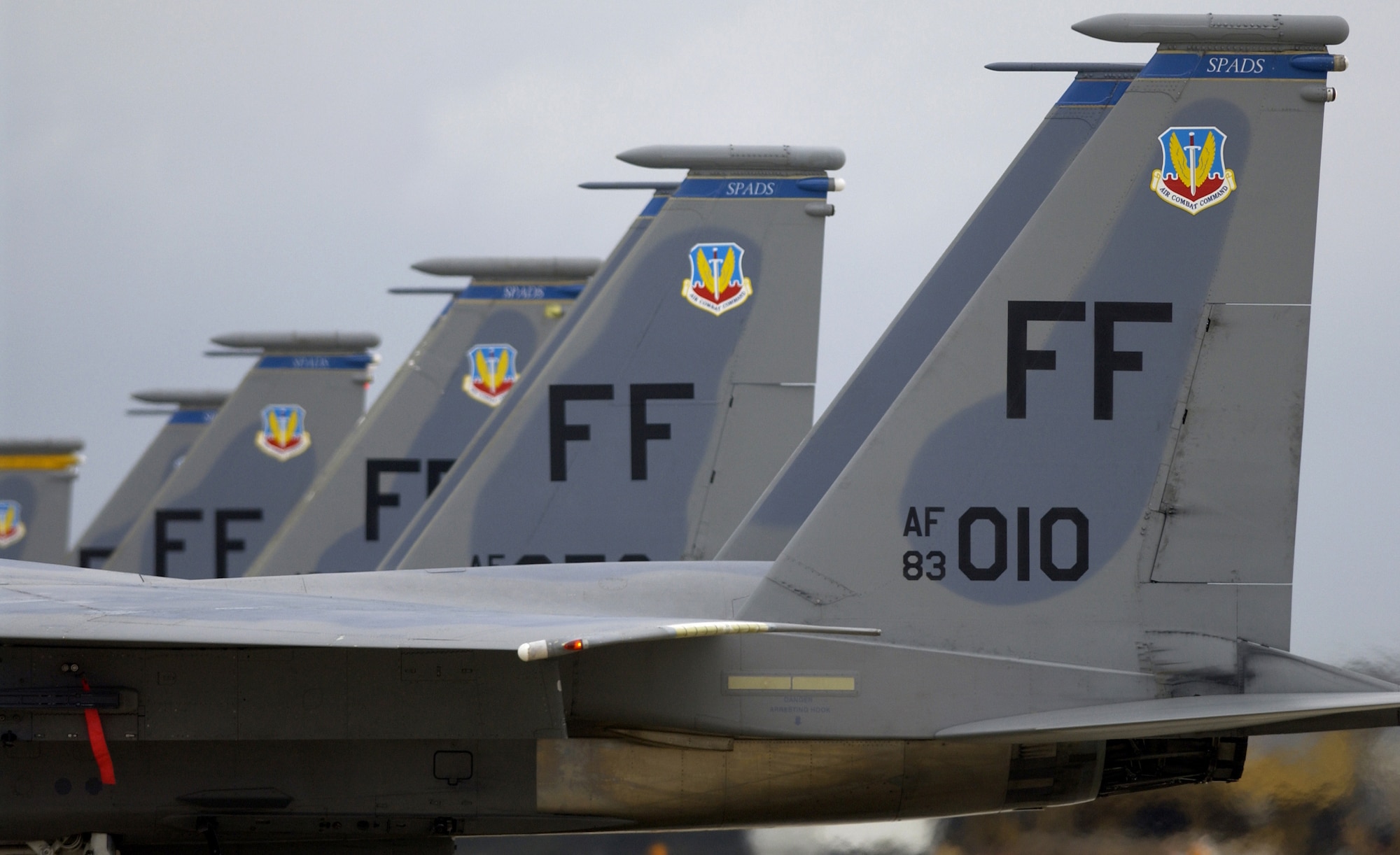 LANGLEY AIR FORCE BASE, Va. - A formation of F-15 Eagle fighter aircraft line up on the flightline during a Phase 1 Operational Readiness Inspection here Aug. 12.  (U.S. Air Force Photo by Tech. Sgt. Ben Bloker)