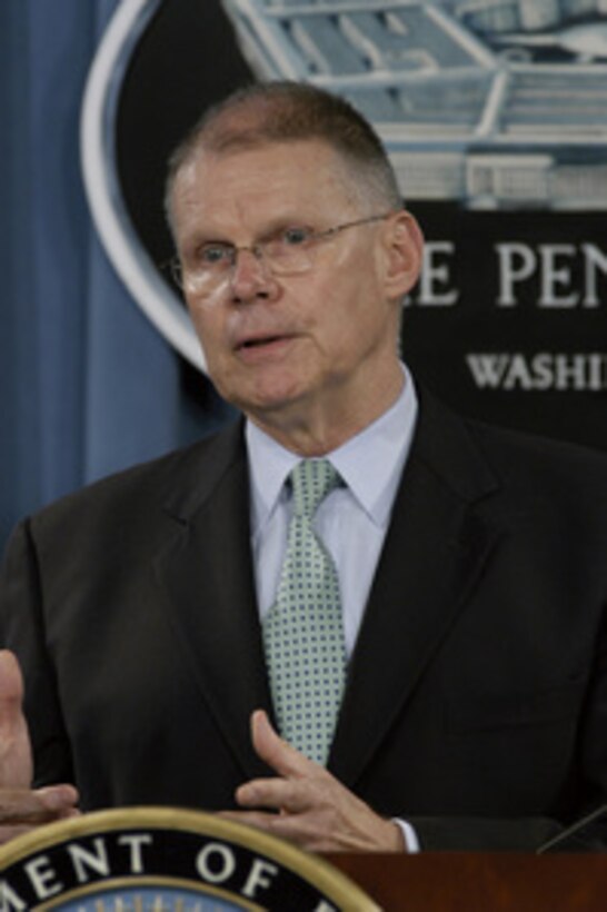 Appointing Authority for the Office of Military Commissions John Altenburg Jr. conducts a Pentagon briefing on Aug. 17, 2004, on the upcoming preliminary hearings for military commissions. The preliminary hearings will convene next week at Guantanamo Bay, Cuba. The commissions will try individuals accused of violations of the law of war. 