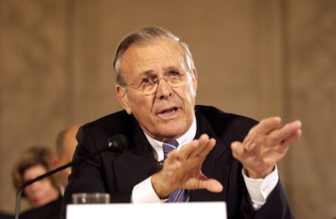 Secretary of Defense Donald H. Rumsfeld testifies before the Senate Armed Services Committee in Washington, D.C., on Aug. 17, 2004. Rumsfeld discussed with the committee the recommendations of the 9/11 commission to establish a National Intelligence Director and intelligence center. 