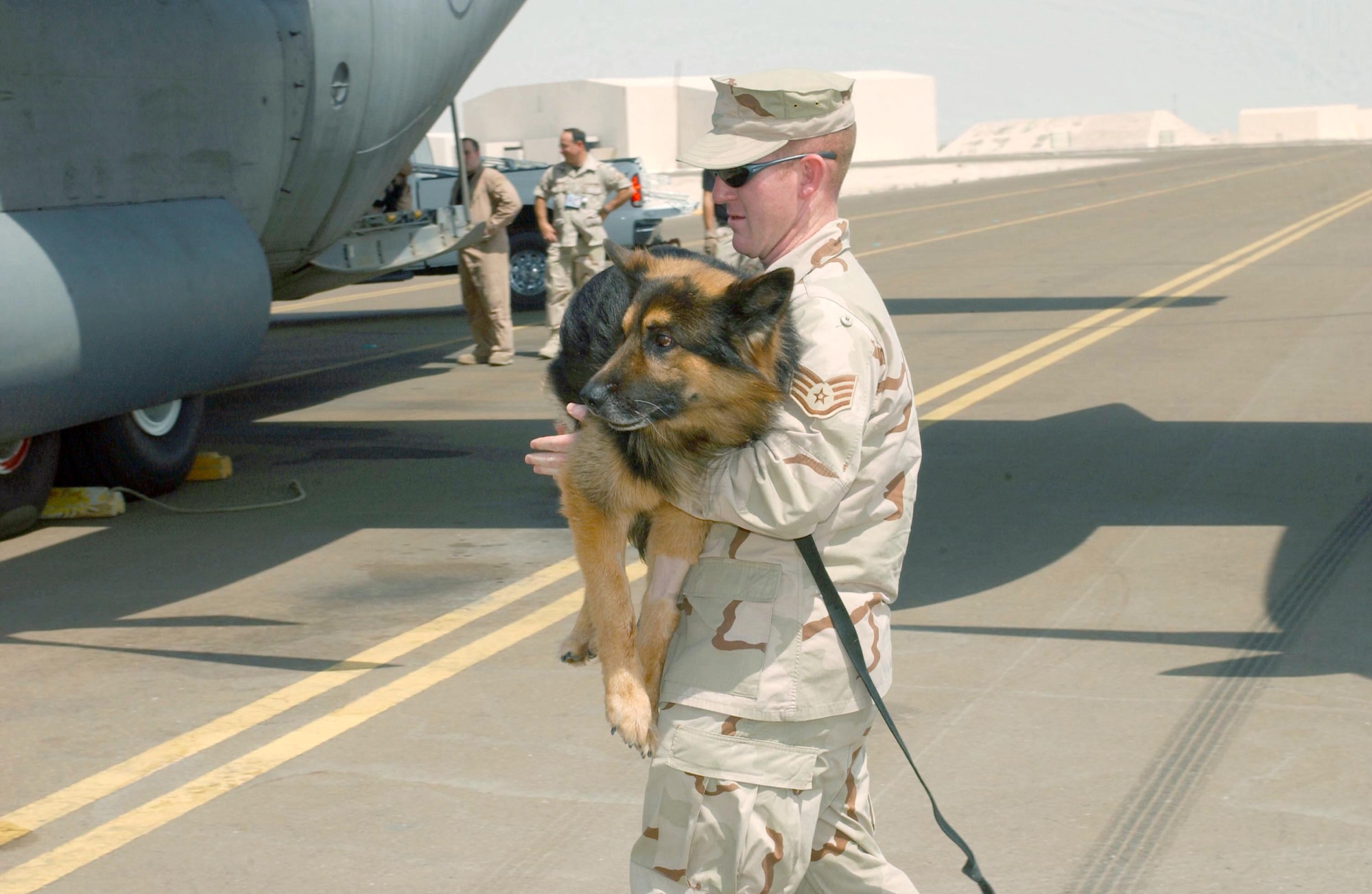 SOUTHWEST ASIA -- Staff Sgt. Timothy Cox carries his military working dog, Ronny, to a C-130 Hercules on Aug. 22 for an aeromedical evacuation to Germany.  Ronny was diagnosed with pericardial effusion, an unnatural collection of fluid around his heart that began interfering with the heart's functioning.  Sergeant Cox and Ronny are assigned to the 380th Expeditionary Security Forces Squadron at a forward-deployed location.  (U.S. Air Force photo by Staff Sgt. Lee Tucker)