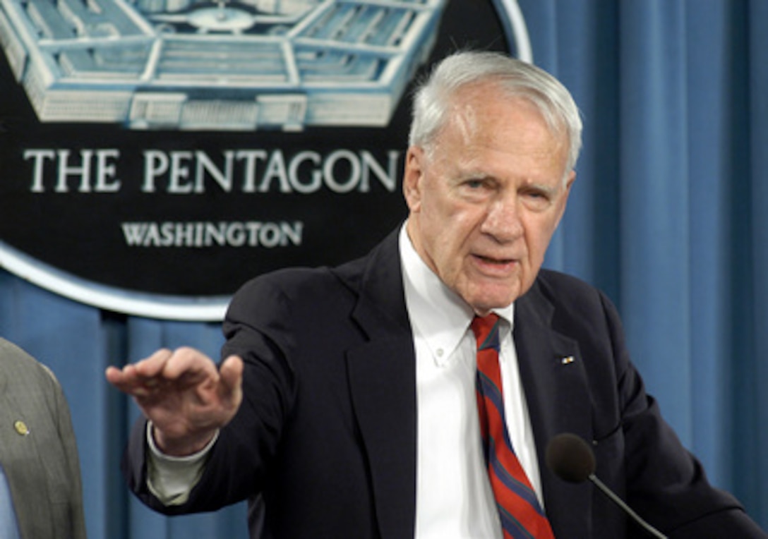 Independent Panel Chairman James Schlesinger talks to reporters about the findings and recommendations of the Independent Panel to Review Department of Defense Detention Operations during a Pentagon press conference following the delivery of their final report to Secretary of Defense Donald H. Rumsfeld, on Aug. 24, 2004. Retired Air Force Gen. Charles A. Horner, former U.S. Representative Tillie K. Fowler and former Secretary of Defense Harold Brown via telephone, joined Schlesinger to discuss the findings and recommendations allegations and investigations of abuse at DoD detention facilities. Schlesinger was secretary of defense for Presidents Nixon and Ford and secretary of energy for President Carter. 