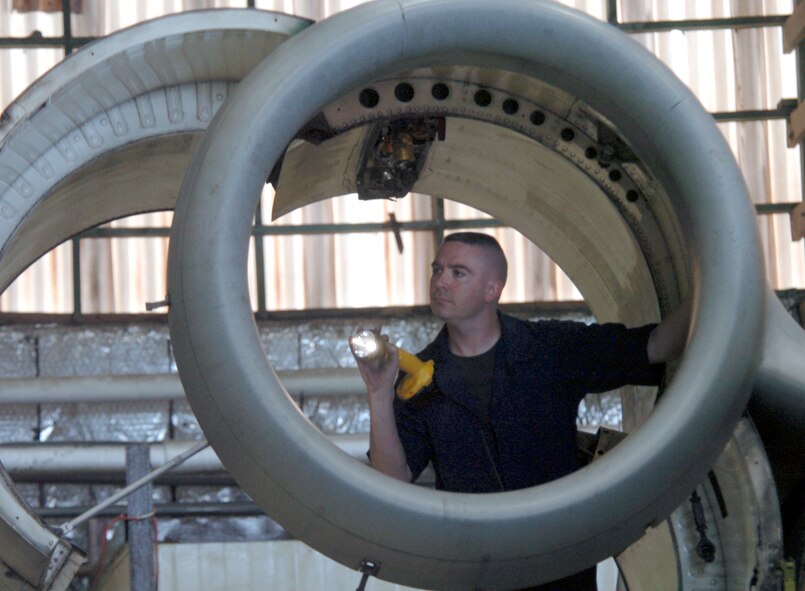 OSAN AIR BASE, South Korea -- Staff Sgt. James Dougan inspects the engine bay area of an A-10 Thunderbolt II aircraft at the phase dock here Aug. 25.  Sergeant Dougan is a jet engine mechanic for the 51st Maintenance Squadron.  Mechanics periodically check aircraft for cracks, leaks and chaffing to ensure they are in top condition.  (U.S. Air Force photo by Master Sgt. Val Gempis)