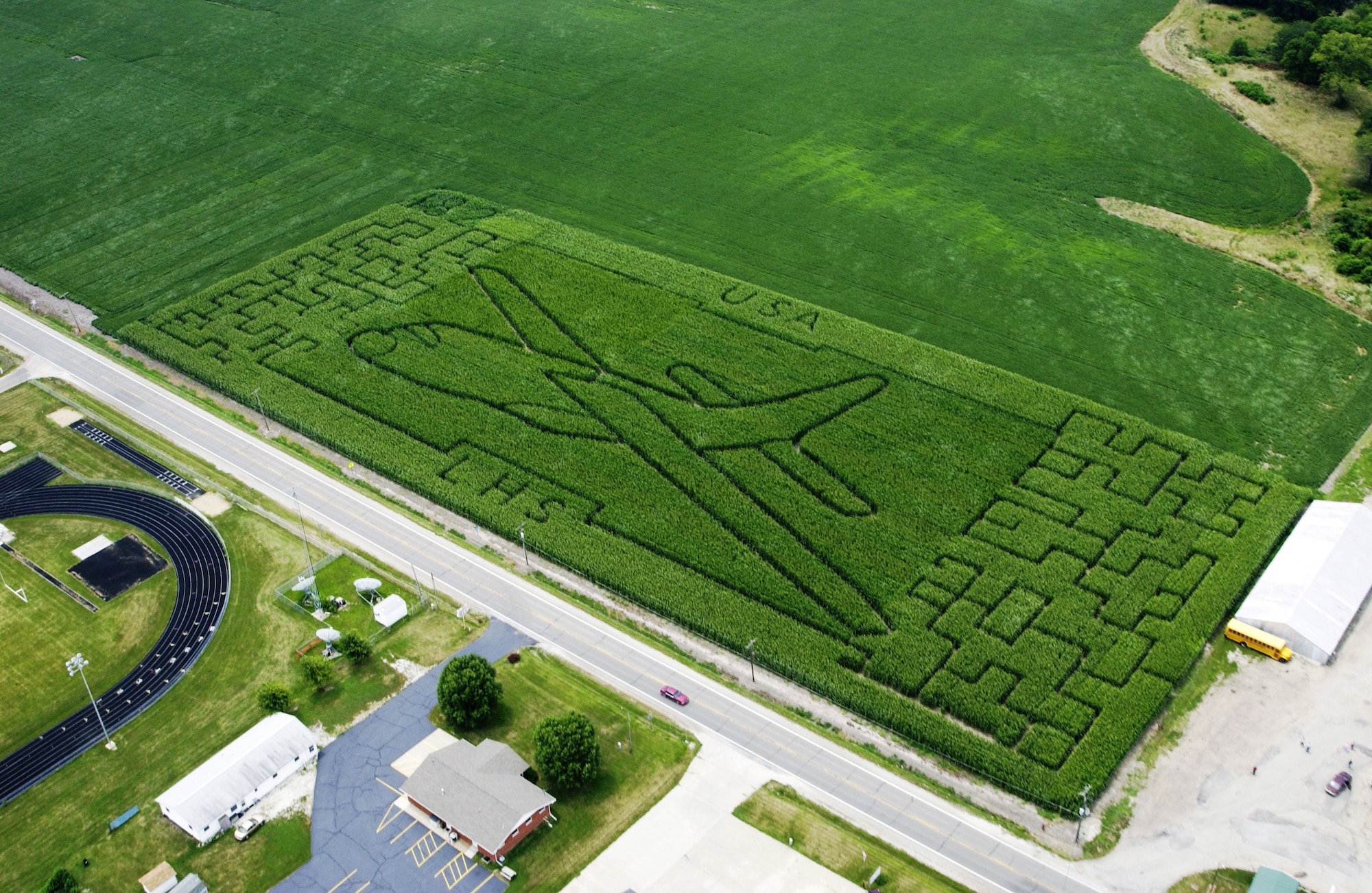 LEWISTOWN, Ill. -- Larry Webb created a maze and artistic renderings of a C-130 and American Flag in 6 acres of corn on his 1,200-acre farm.  After making the design on his computer, he used a weed mower to cut out the design in the field.  (U.S. Air Force photo by Staff Sgt. Todd Pendleton)