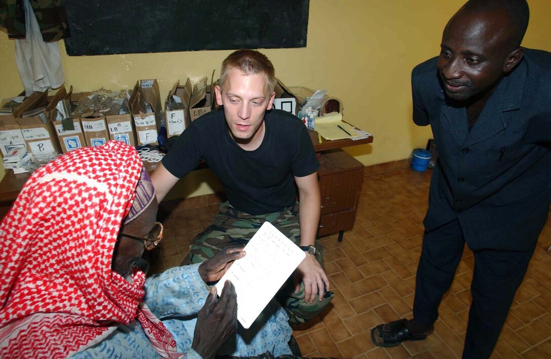 CAMP TONDIBIAH, Niger -- Capt. (Dr.) Steven Tittl and his translator, Moussa Tankari, assist a Nigerien man during his eye exam.  Mr. Tankari was one of seven civilian translators Air Force Reserve medics worked with during a humanitarian mission here.  Dr. Tittl is an optometrist assigned to the 439th Aerospace Medical Squadron at Westover Air Reserve Base, Mass.  (U.S. Air Force photo by Tech. Sgt. Chance Babin)