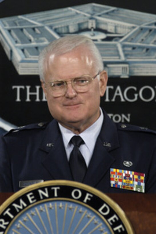 Brig. Gen. Thomas L. Hemingway, U.S. Air Force, updates reporters on the preliminary hearings for military commissions that began this week in Guantanamo Bay, Cuba, during a Pentagon briefing on Aug. 26, 2004. Hemingway is the legal advisor to the appointing Authority for the Office of Military Commissions. 