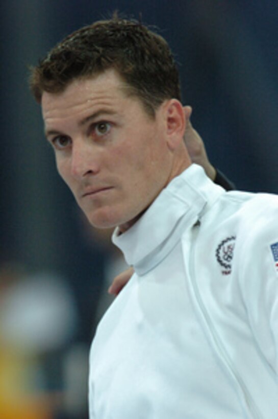 U.S. Army 1st Lt. Chad Senior shows intense concentration prior to the Individual Epee event of Modern Pentathlon during the 2004 Olympics at the Goudi Sports Complex in Athens, Greece, on Aug. 26, 2004. Senior is a member of the U.S. Army's World Class Athlete Program. 