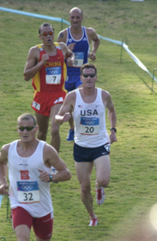 U.S. Army 1st Lt. Chad Senior (number 20) pulls for the finish line in the final round of the five-event Men's Modern Pentathlon in the 2004 Olympics at the Goudi Sports Complex in Athens, Greece, on Aug. 26, 2004. Senior took 13th overall for the competition. 
