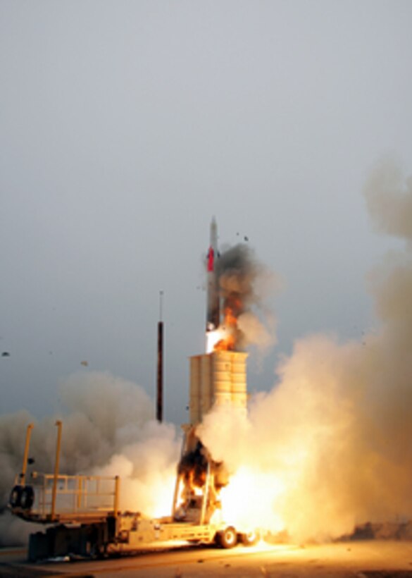 An Arrow anti-ballistic missile interceptor rises on a column of fire as it is launched from a mobile launching platform during a joint Israel/United States developmental test at the Point Mugu Sea Range, Calif., on Aug. 26, 2004. This was the second in a series of tests following a previous successful test in which a simulated target missile was intercepted and destroyed. The test was part of the ongoing Arrow System Improvement Program. 