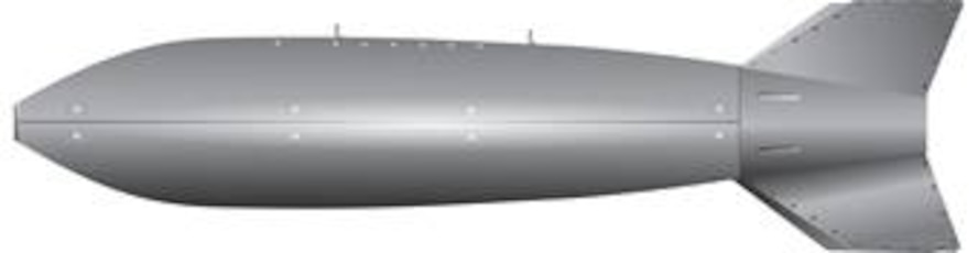M129   Primary function: Leaflet/chaff bomb. Dimensions: Length 7 ft., 6 in., diameter 1 ft. 4 in., with fin installed, 1 ft., 10 in.  (b/w), Graphic by Billy Smallwood, AFNEWS/NSPD 
