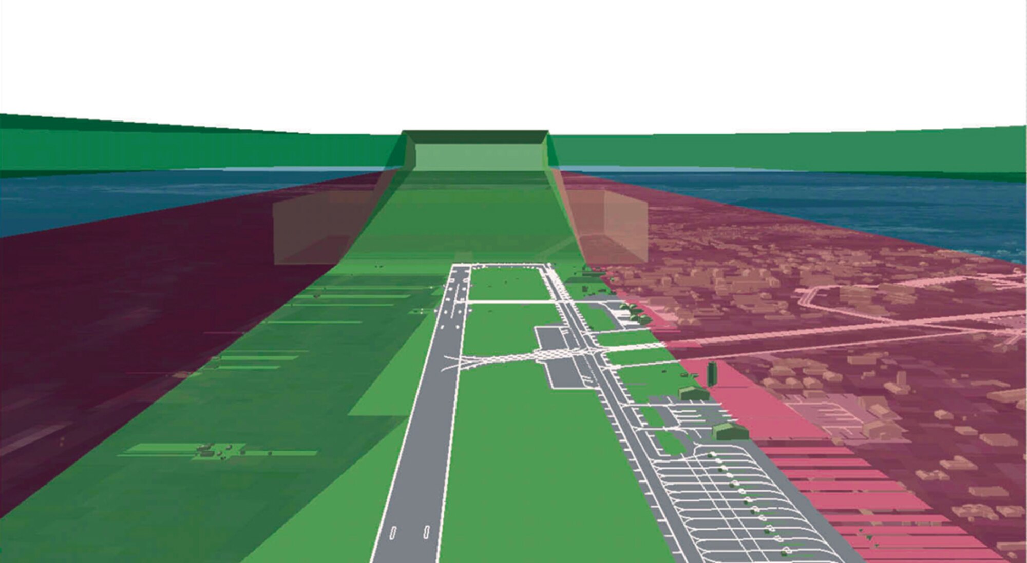 KUNSAN AIR BASE, South Korea -- A 3-D model of horizontal flight surfaces above the Kunsan airfield.  Models like this assist planners and airfield managers with maintaining flight safety.  These imaginary surfaces are the aviator's equivalent of lines painted on a highway and define how aircraft navigate above the airfield.  (U.S. Air Force graphic by David Blumberg) 