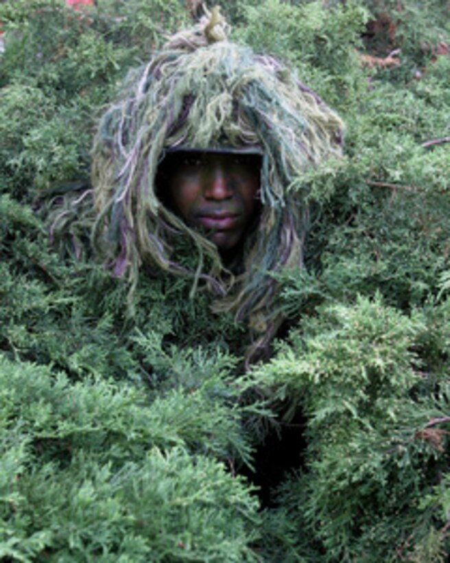 U.S. Army Staff Sgt. Anthony R. Purnell fades into his background as he demonstrates the use of the ghillie suit in camouflage techniques during the U.S. Army Europe's Land Combat Expo at the Patrick Henry Village Pavilion in Heidelberg, Germany, on Sept. 28, 2004. Purnell is assigned to Echo Company, 51st Infantry Company, Long Range Surveillance, V Corps. 