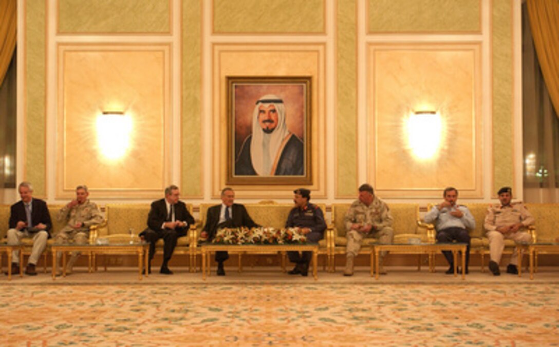 Secretary of Defense Donald H. Rumsfeld (fourth from left) meets with Chief of Staff of the Kuwait Armed Forces Lt. Gen. Fahad Ahmad al-Amir, (fourth from right) in Kuwait on Dec. 6, 2004. Rumsfeld is meeting with the Kuwaiti leadership to thank them for their support in the global war on terror and Operation Iraqi Freedom. U.S. Ambassador to Kuwait Richard LeBaron joined Rumsfeld for the meeting. 