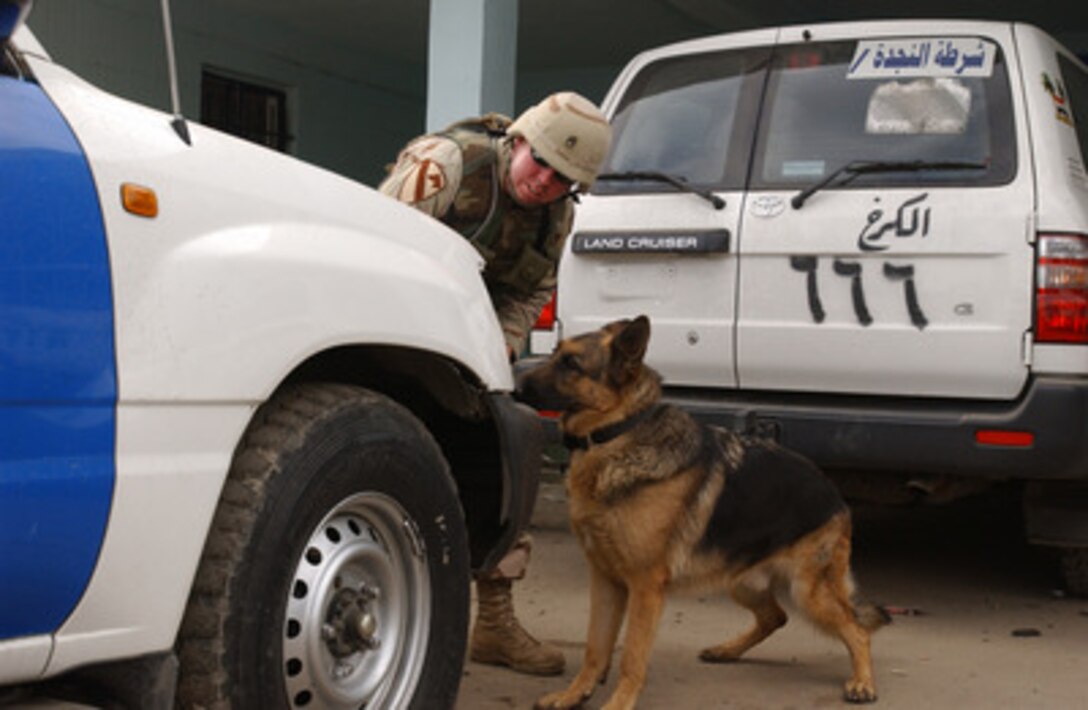 U.S. Army military police use an explosive detection dog to search all vehicles in the area after a car bomb was detonated in the parking lot of an Iraqi police station outside the gate of the Green Zone near the Al-Rasheed Hotel in Baghdad, Iraq, on Dec. 4, 2004. The military police are assigned to the 1st Cavalry Division. 