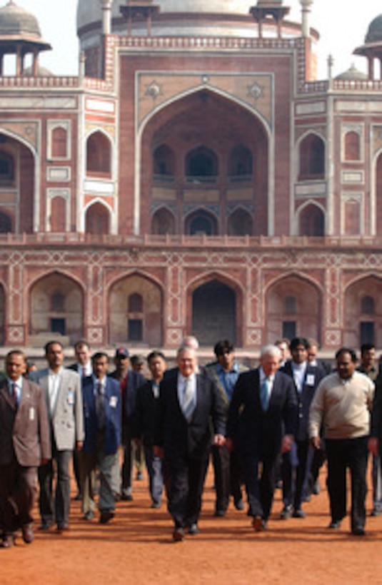 Secretary of Defense Donald H. Rumsfeld (center) and U.S. Ambassador to India David Mulford (right) receive a tour of Humayun's Tomb in New Delhi, India, on Dec. 9, 2004. Rumsfeld is in India to meet with India's senior leadership to discuss defense issues of mutual interest and the war on terror. Humayun's Tomb was built in 1570 to honor the second Mughal Emperor Humayun and its architecture is said to have inspired the Taj Mahal. 